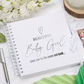 Beautiful Baby Girl White Scrapbook, Guest Book Or Photo Album with Silver Script