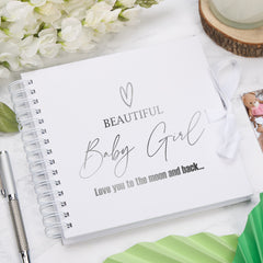 Beautiful Baby Girl White Scrapbook, Guest Book Or Photo Album with Silver Script