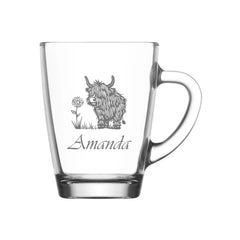 Personalised Engraved Glass Coffee Cup, Tea Cup, Any Name and Highland Cow