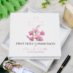 Personalised Communion 6x4" Slip in Photo Album Gift With Pink Cross