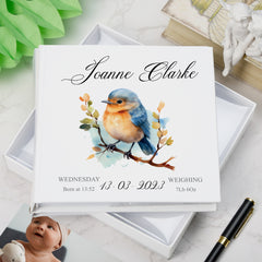 Personalised Baby Photo Album Gift With Woodland Robin