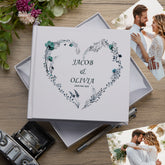Personalised Wedding Photo Album Gift Dusty Blue Floral Leaf Heart