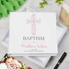 Personalised Baptism Ornate Pink Cross Photo Album