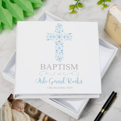 Personalised Baptism Blue Ornate Cross Design Photo Album