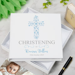 Personalised Christening Blue Ornate Cross Design Photo Album