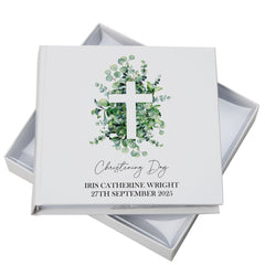 Personalised Christening Photo Album Gift With Cross and Eucalyptus
