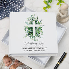 Personalised Christening Photo Album Gift With Cross and Eucalyptus