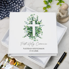 Personalised First Holy Communion Photo Album Gift With Cross and Eucalyptus