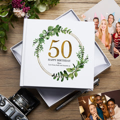 Personalised 50th Birthday Gift for her Photo Album Gold Wreath Design personalised photo frames ukgiftstoreonline