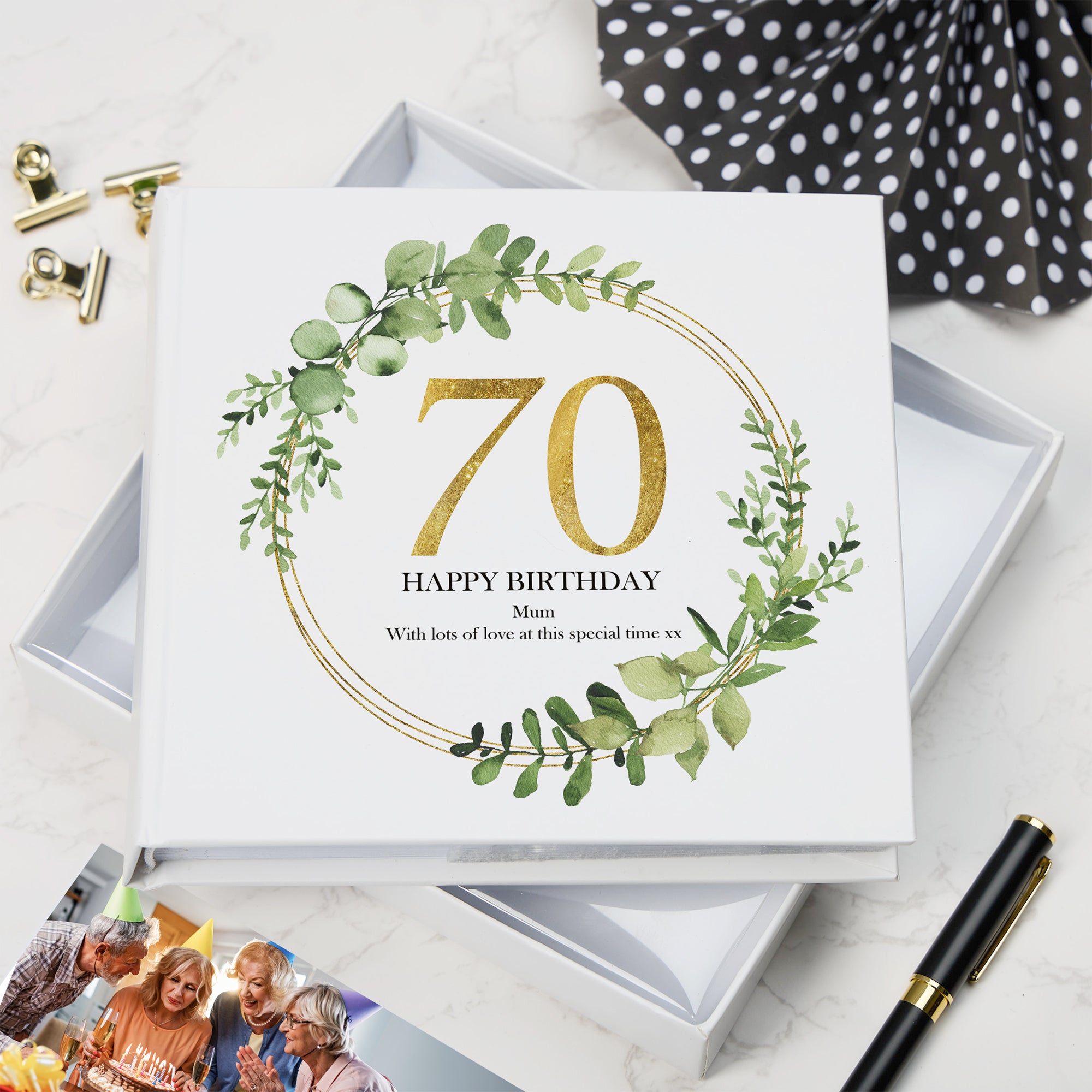 Personalised 70th Birthday Gift for her Photo Album Gold Wreath Design personalised photo album ukgiftstoreonline