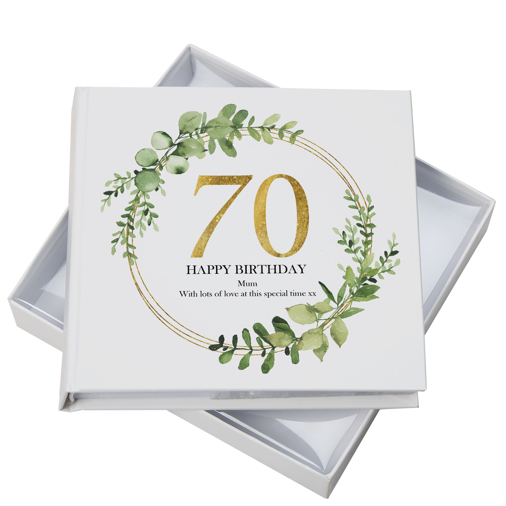 Personalised 70th Birthday Gift for her Photo Album Gold Wreath Design personalised photo album ukgiftstoreonline