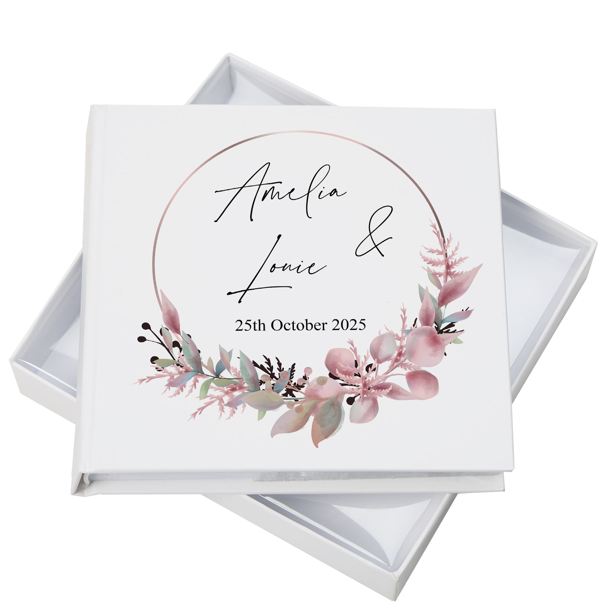Personalised Wedding Photo Album Gift With Pink Floral Wreath Design wedding photo album ukgiftstoreonline