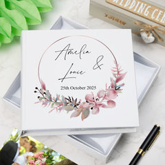 Personalised Wedding Photo Album Gift With Pink Floral Wreath Design