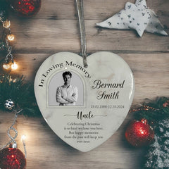 In Loving Memory At Christmas Hanging Ceramic Heart Decoration-Uncle Personalised Heart Gifts ukgiftstoreonline