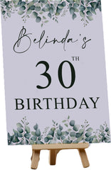Personalised Any Age Birthday Celebration Eucalyptus Table Sign