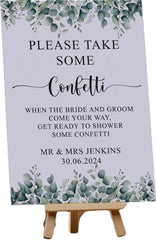Personalised Wedding Confetti, Eucalyptus Table Sign