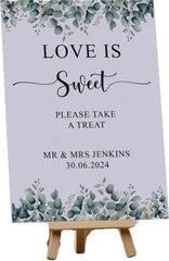 Personalised Wedding Love is Sweet Take a Treat Table Sign With Eucalyptus