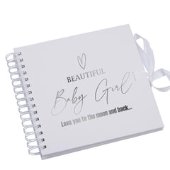 Beautiful Baby Girl White Scrapbook, Guest Book Or Photo Album with Silver Script