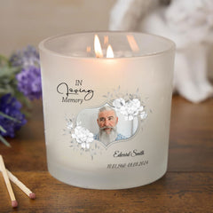 Personalised Condolence Sympathy gift Candle With Photo and Grey Flowers personalised Candle Lights ukgiftstoreonline