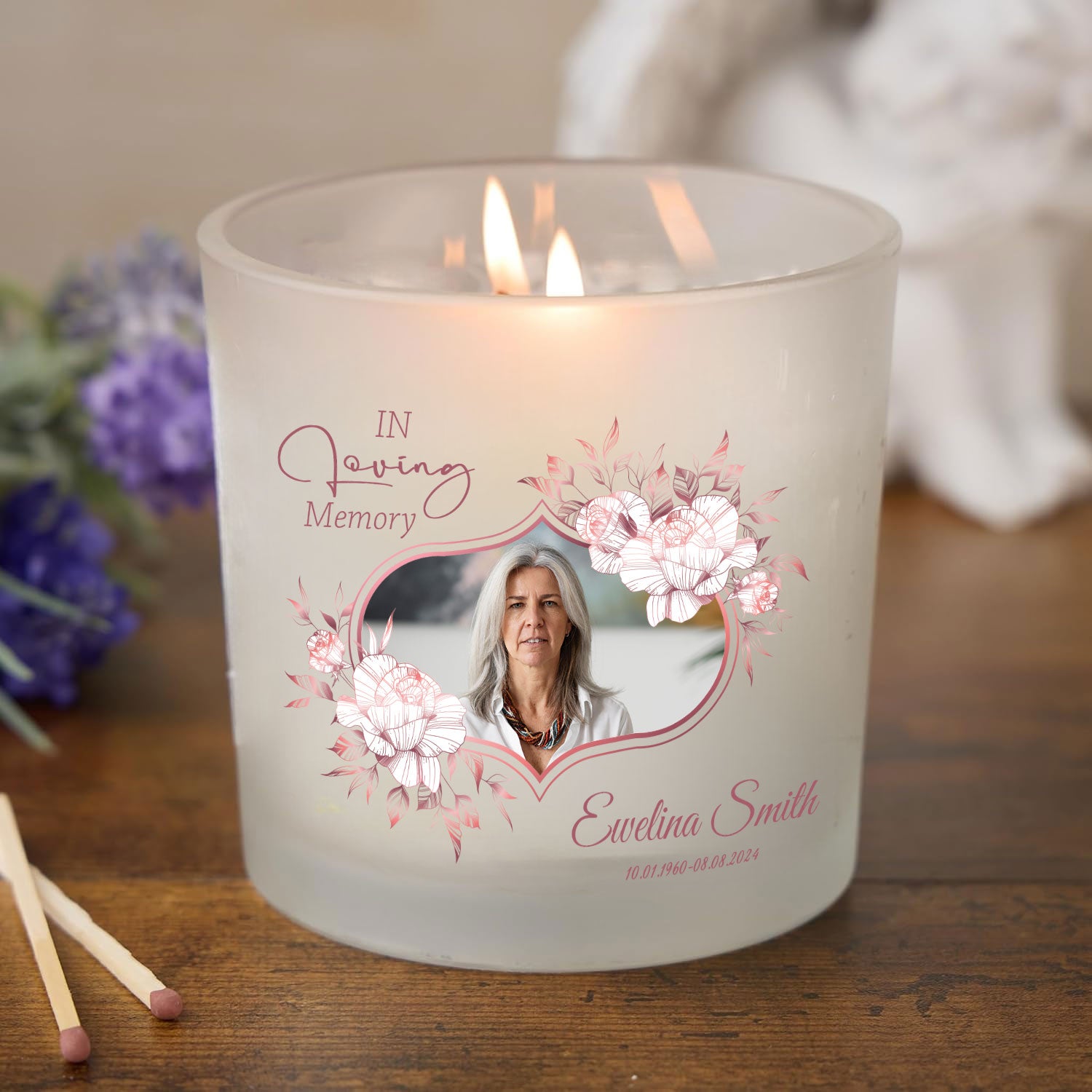Personalised Condolence Sympathy gift Candle With Photo and Rose Gold Flowers personalised Candle Lights ukgiftstoreonline