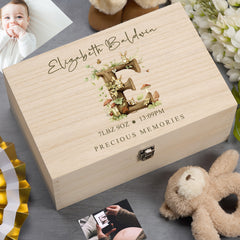 Personalised Wooden Baby Memory Keepsake Box With Woodland Alphabet