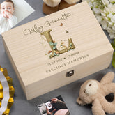 Personalised Wooden Baby Memory Keepsake Box With Woodland Alphabet