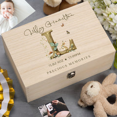 Personalised Wooden Baby Memory Keepsake Box With Woodland Alphabet