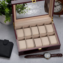 Personalised 10 Watches Luxury Wood And Glass Watch Box Gift With Gears