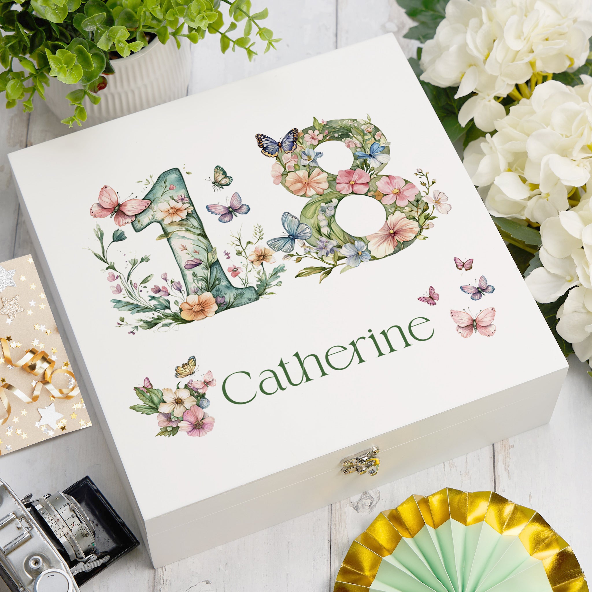 Personalised 18th Birthday Memory Box, Keepsake Box Gift With Flowers and Butterflies ukgiftstoreonline Wooden Box Medium