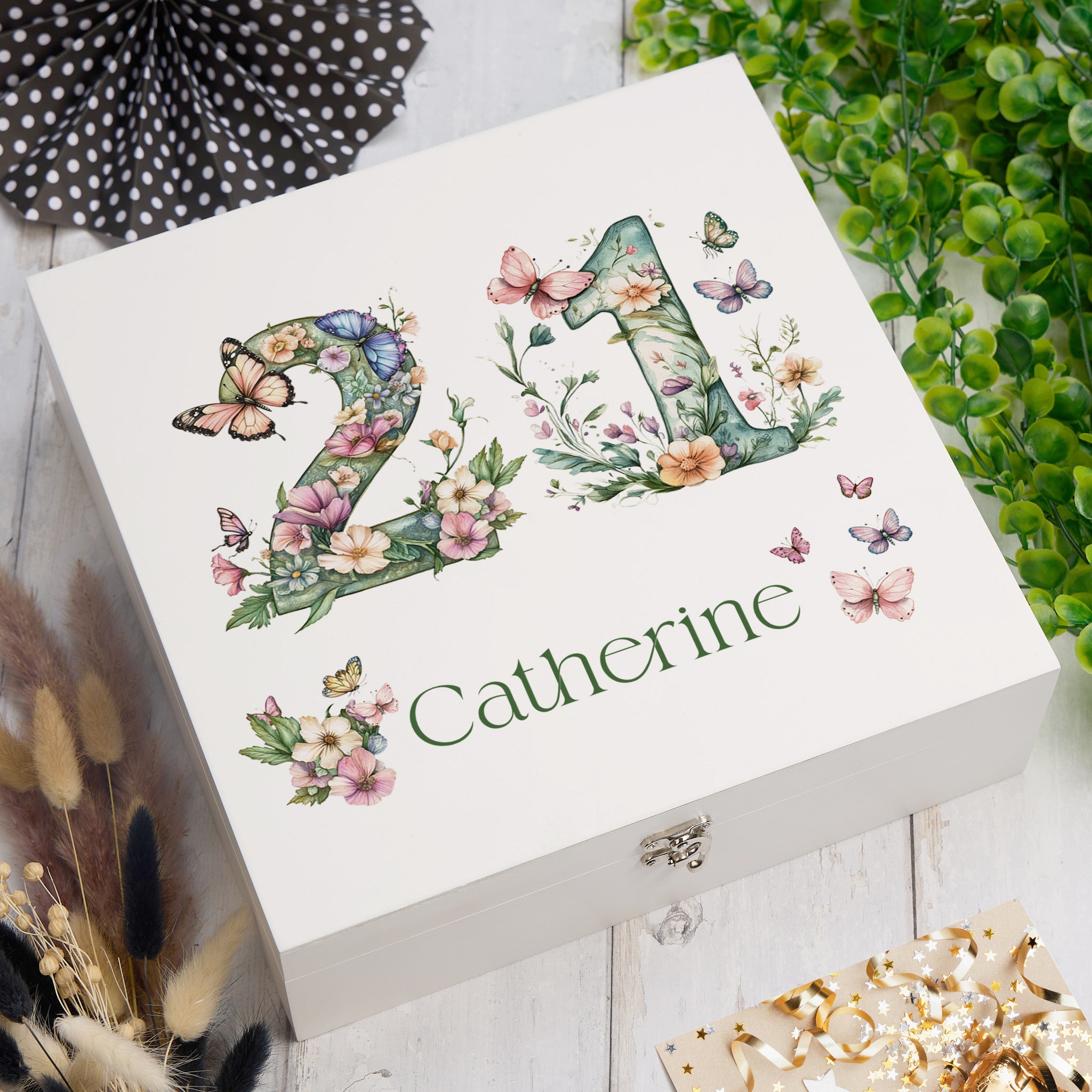 Personalised 21st Birthday Memory Box, Keepsake Box Gift With Flowers and Butterflies ukgiftstoreonline
