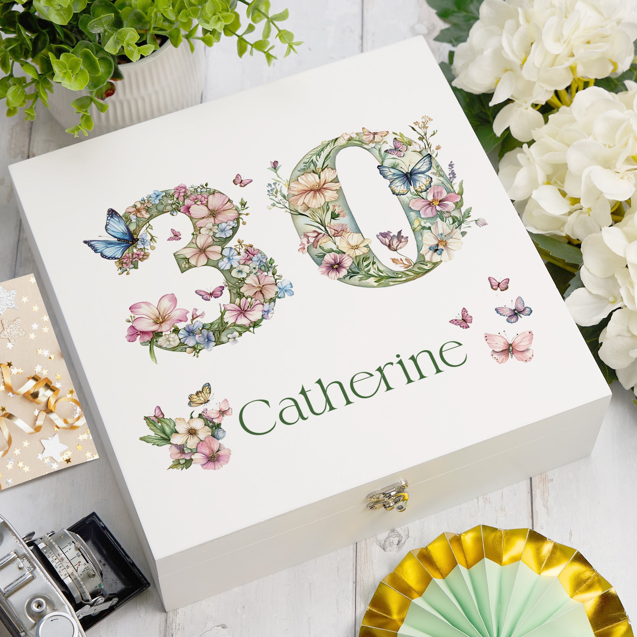 Personalised 30th Birthday Memory Box, Keepsake Box Gift With Flowers and Butterflies ukgiftstoreonline