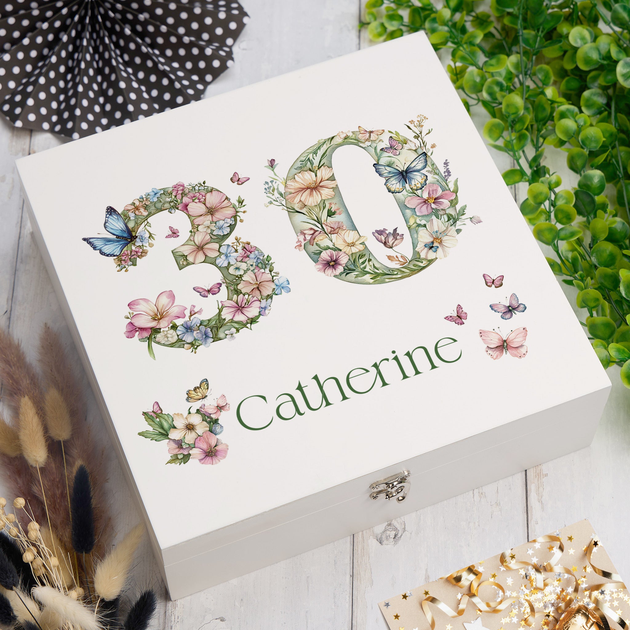 Personalised 30th Birthday Memory Box, Keepsake Box Gift With Flowers and Butterflies ukgiftstoreonline Wooden Box Medium