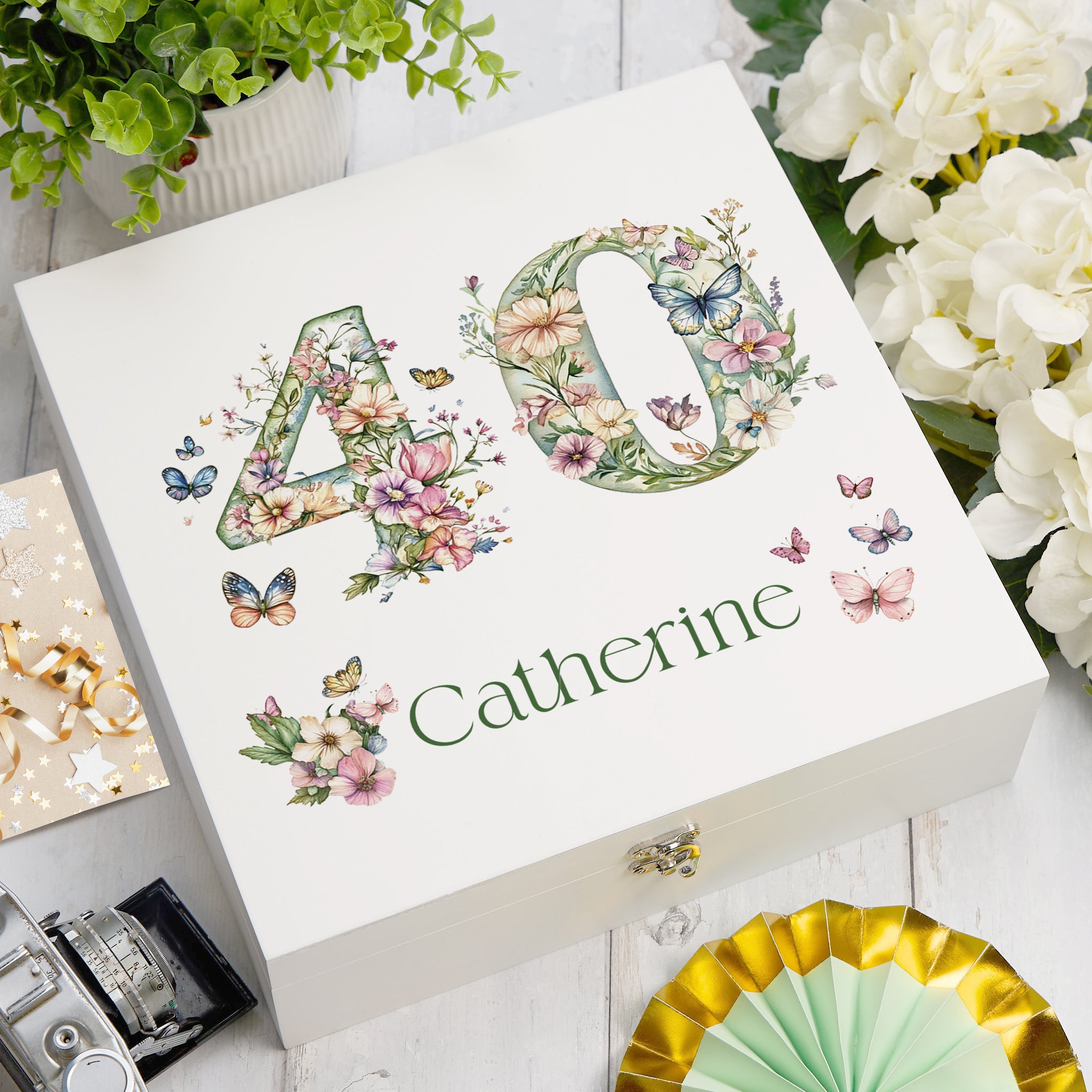 Personalised 40th Birthday Memory Box, Keepsake Box Gift With Flowers and Butterflies ukgiftstoreonline Wooden Box Medium