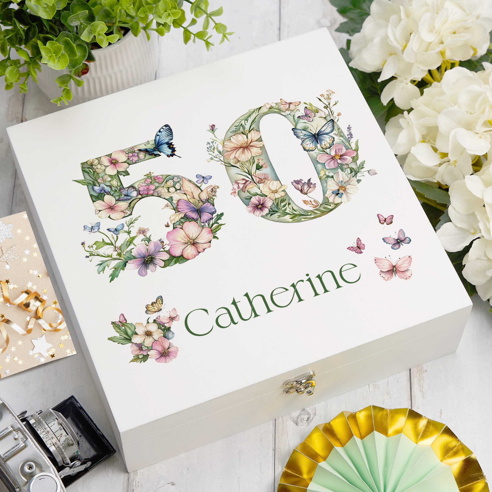 Personalised 50th Birthday Memory Box, Keepsake Box Gift With Flowers and Butterflies ukgiftstoreonline Wooden Box Medium