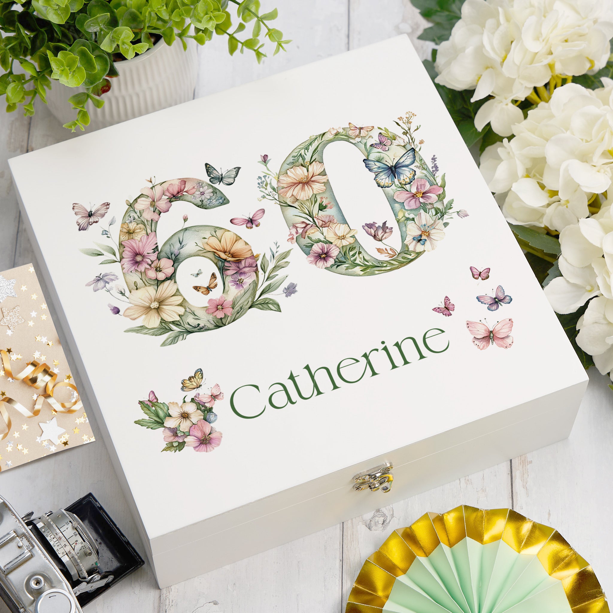 Personalised 60th Birthday Memory Box, Keepsake Box Gift With Flowers and Butterflies ukgiftstoreonline Wooden Box Medium