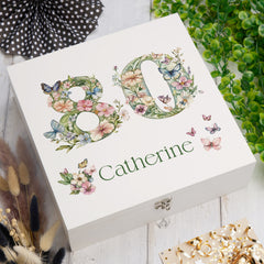 Personalised 80th Birthday Memory Box, Keepsake Box Gift With Flowers and Butterflies ukgiftstoreonline