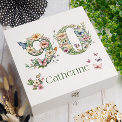 Personalised 90th Birthday Memory Box, Keepsake Box Gift With Flowers and Butterflies ukgiftstoreonline Wooden Box Medium