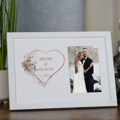 Personalised Wedding Photo Frame With Rose Gold Floral Heart