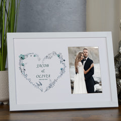 Personalised Wedding Photo Frame With Blue Floral Heart