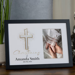 Personalised Elegant Christening Photo Frame Customized Photo Keepsake With Silver Cross personalised photo frames ukgiftstoreonline Black