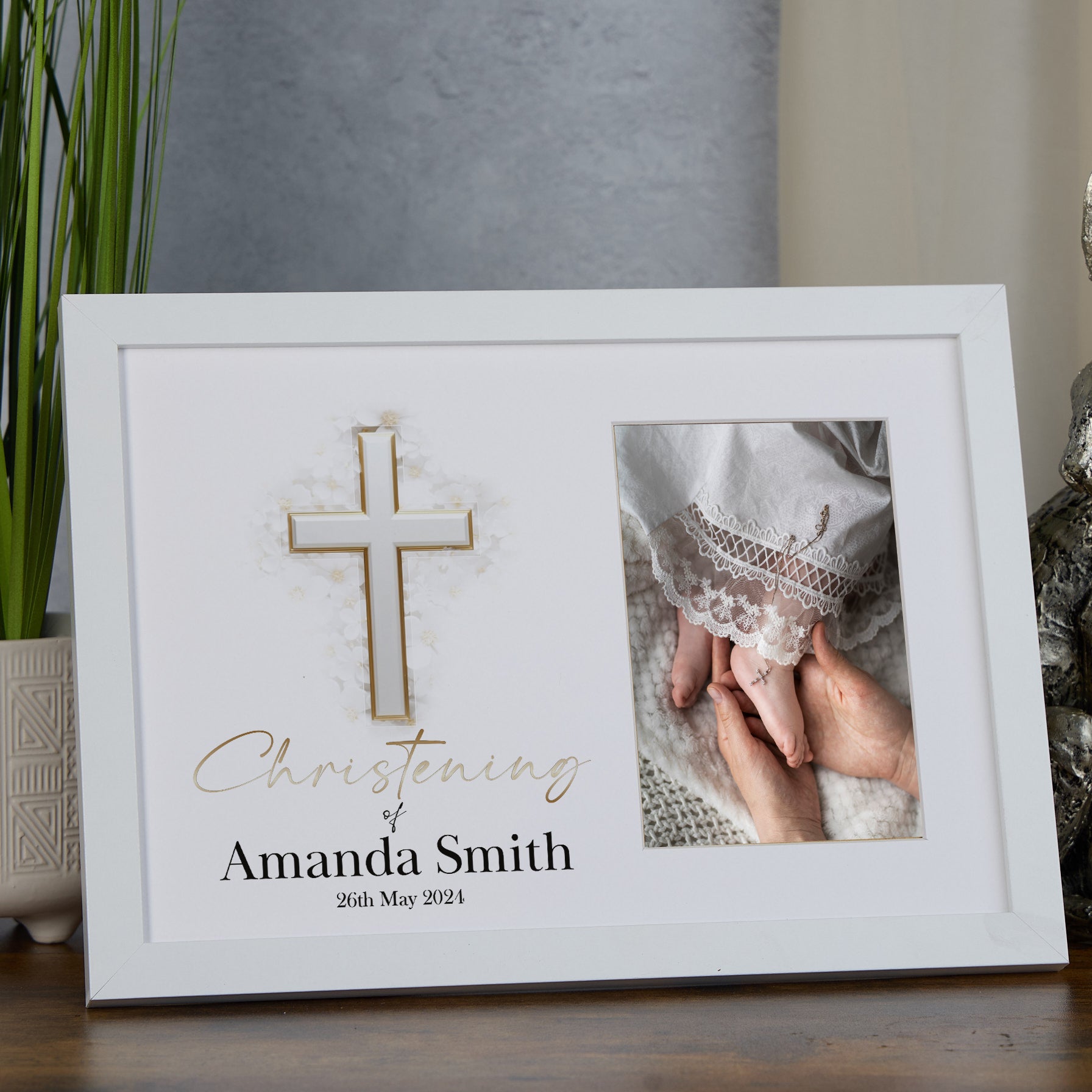 Personalised Elegant Christening Photo Frame Customized Photo Keepsake With Silver Cross personalised photo frames ukgiftstoreonline White