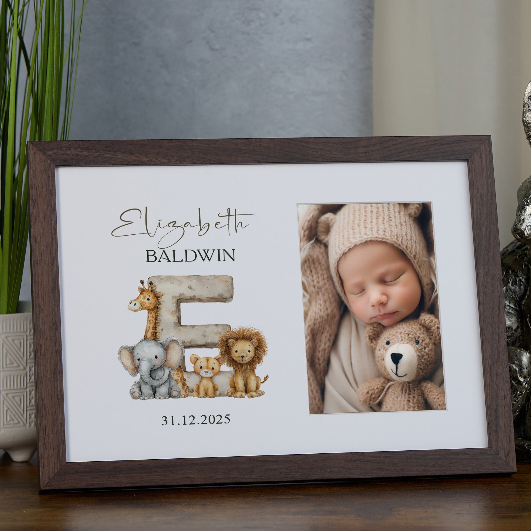 Personalised Elegant Wooden Baby Photo Frame Safari Animals Alphabet Design personalised photo frames ukgiftstoreonline Walnut