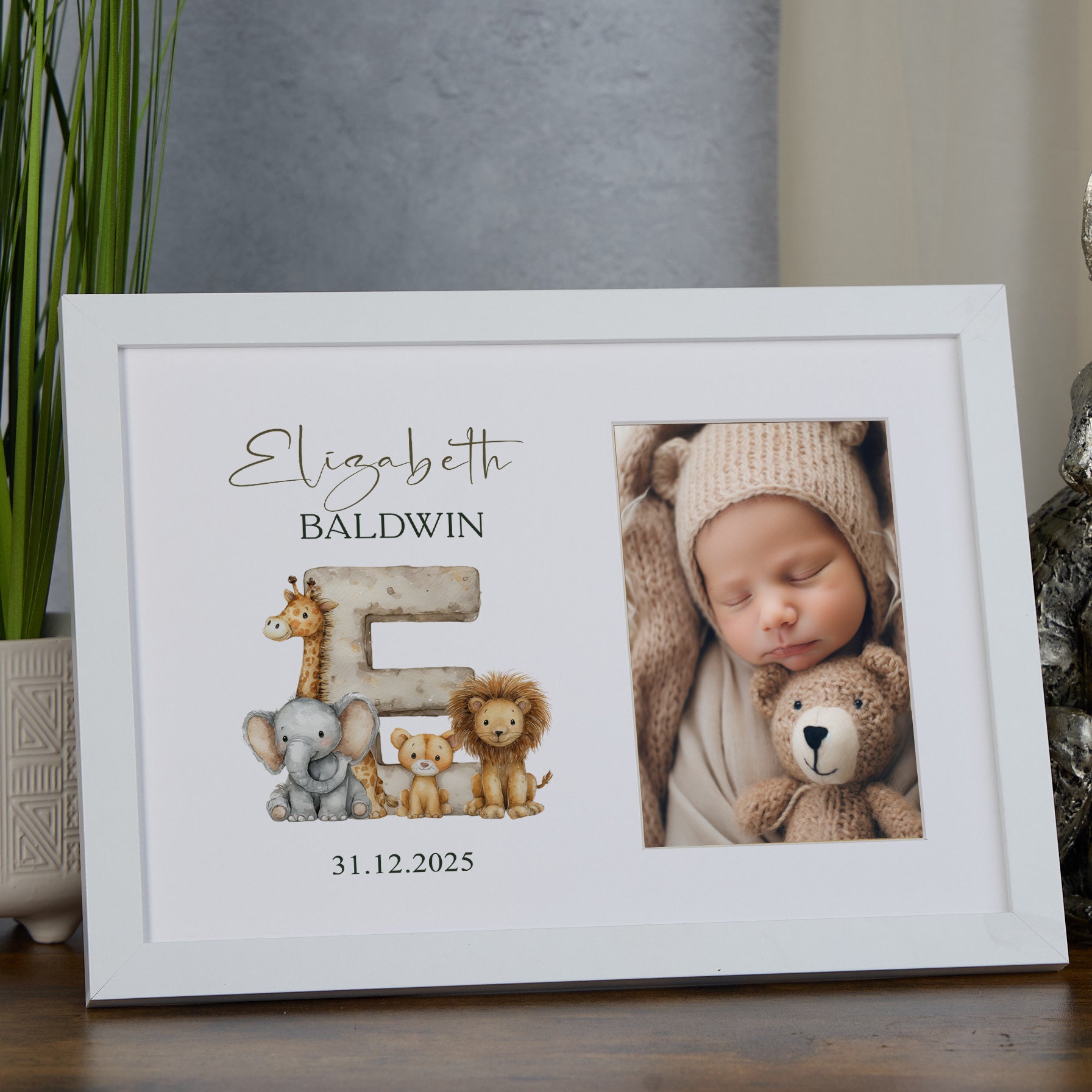 Personalised Elegant Wooden Baby Photo Frame Safari Animals Alphabet Design personalised photo frames ukgiftstoreonline White