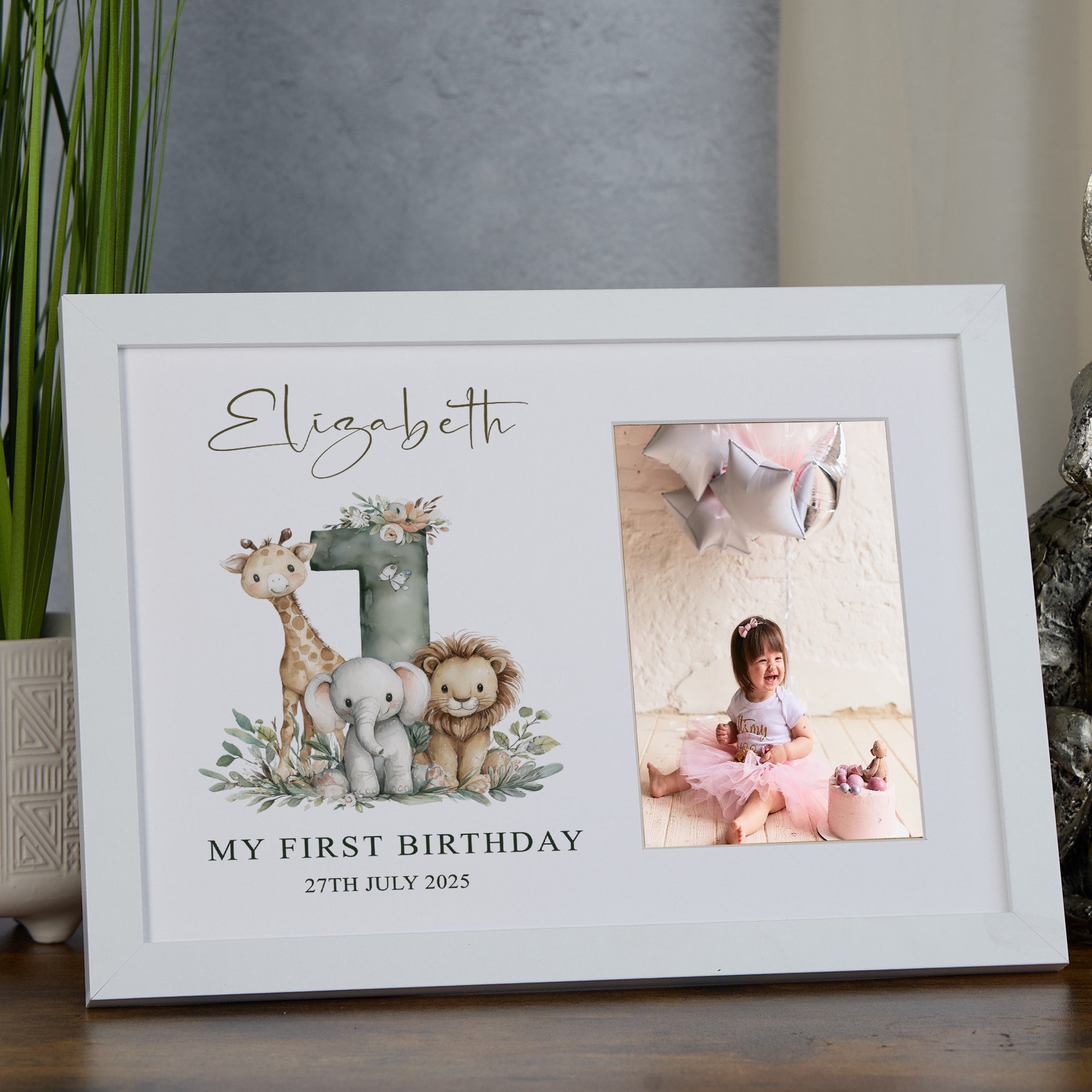 Personalised Elegant My First Birthday Baby Wooden Photo Frame Safari Animals Design personalised photo frames ukgiftstoreonline White