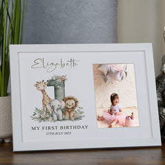 Personalised Elegant My First Birthday Baby Wooden Photo Frame Safari Animals Design personalised photo frames ukgiftstoreonline White