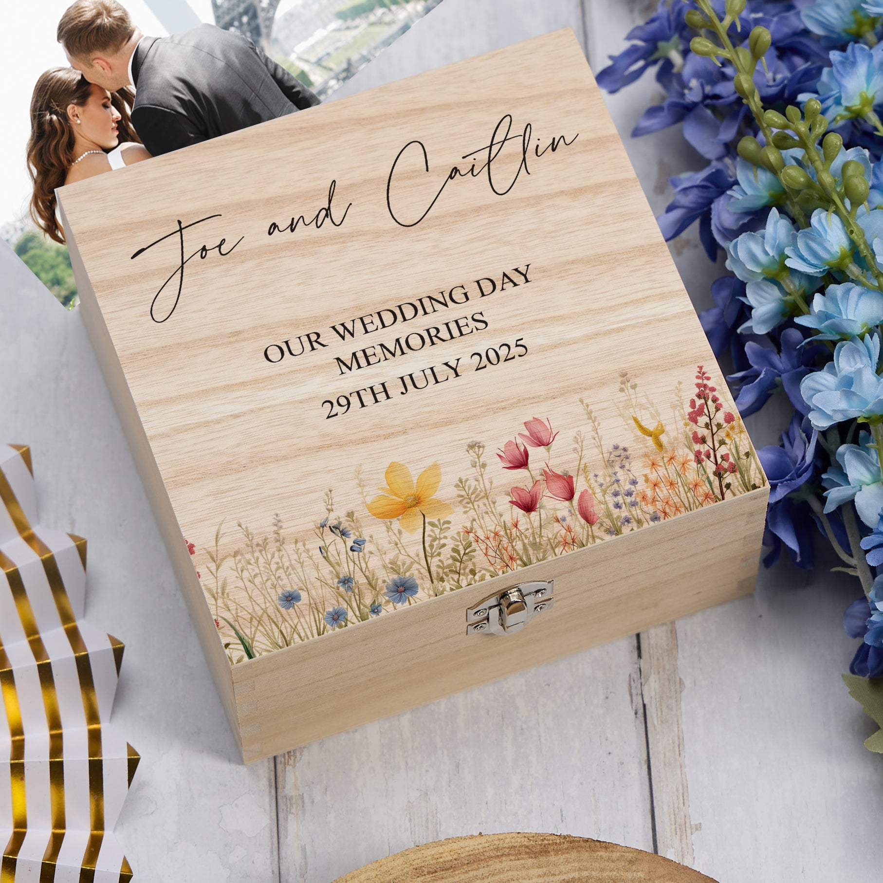 Personalised Wooden Wedding Keepsake Memory Box Gift Flower Borders Keepsake Memory Box ukgiftstoreonline Design 1