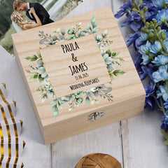 Personalised Wooden Wedding Keepsakes Memory Box Gift With Green Leaf Frame Keepsake Box ukgiftstoreonline