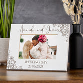 Personalised Wooden Engraved White Photo Frames Wedding Any Message With Orchid Flowers