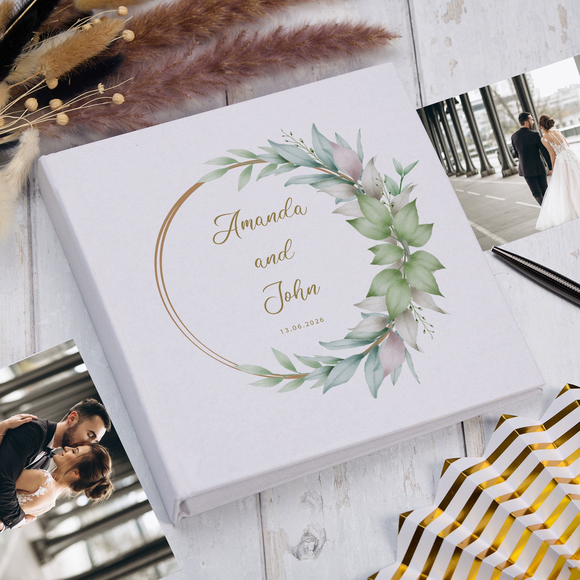 Large Book Bound Personalised Wedding Photo Album With Delicate Floral and Leaf Design photo album ukgiftstoreonline