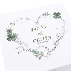 Personalised Luxury Wooden Wedding Box Keepsakes With Green Clover Leaf Heart